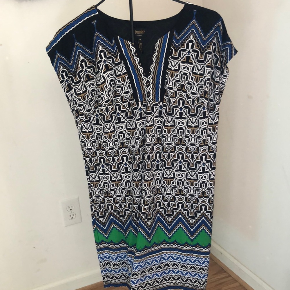Laundry by Shelli Segal tribal black blue green pattern dress size Medium